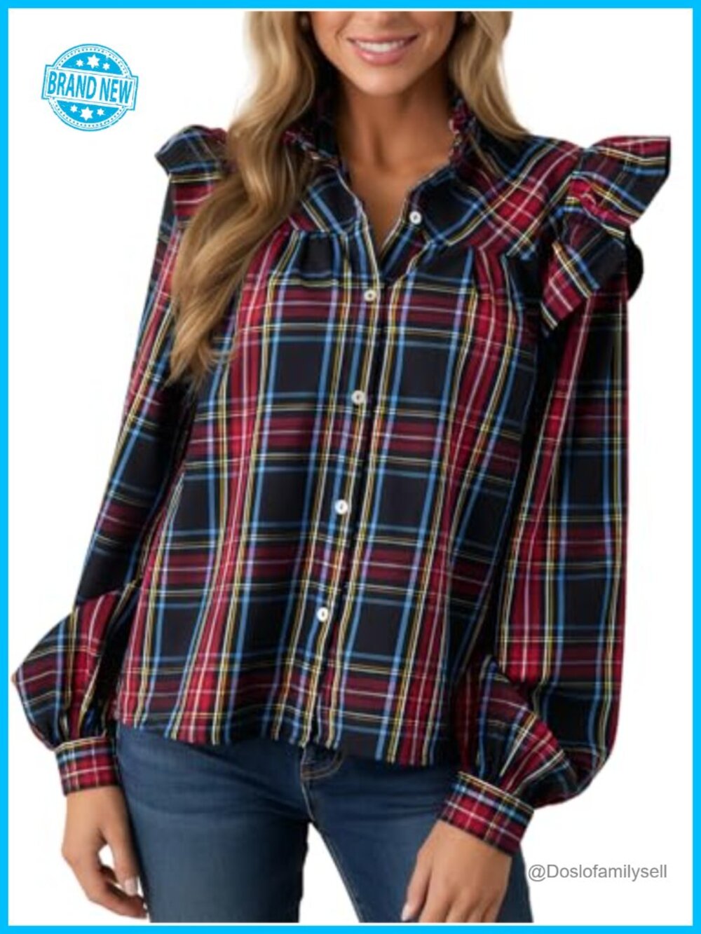 Women's Plaid Ruffle Button Down Shirt Puff Sleeve Collared Blouse